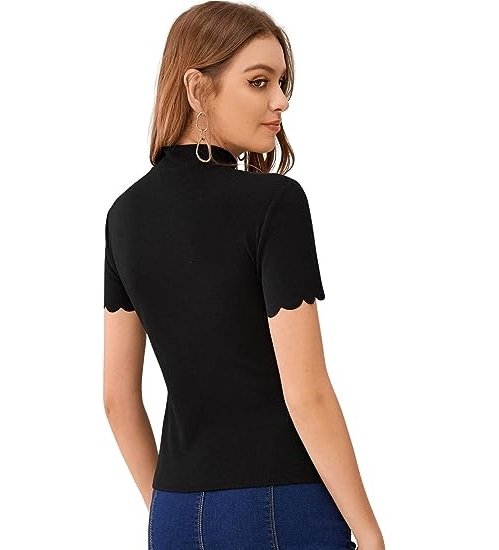Women's Mock Neck Ribbed Knit Scallop Short Sleeve T Shirt Tops