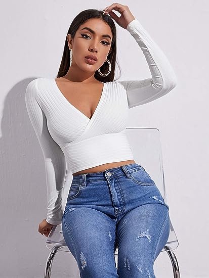 Women's Deep V Neck Long Sleeve Cross Wrap Crop Tops