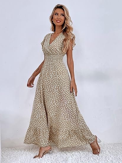 Women's Allover Print Ruffle Sleeve V Neck Ruffle Hem A Line Summer Maxi Dress