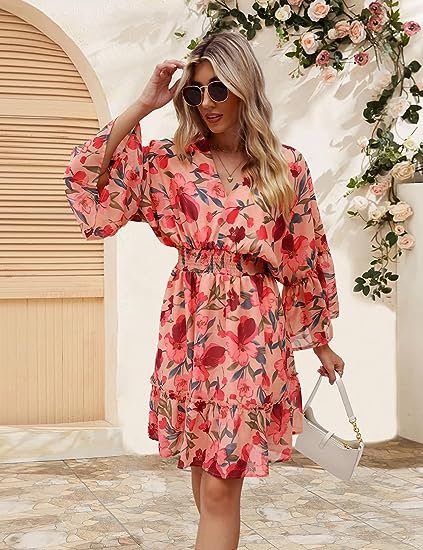 Women's Floral Dress Bohemian A-Line Chiffon Dress Casual Dolman Sleeve Short Dress