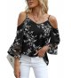 Women‘s Summer Cold Shoulder Tops Mesh Panel 3/4 Bell Sleeve Tees Adjustable Spaghetti Strap Loose Fit Shirts