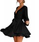 Women's Dress Deep V Neck Long Sleeve Waist Tie Ruffle Dress