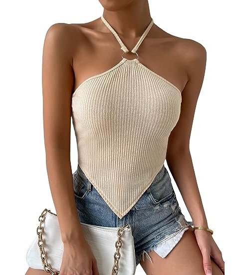 Women's Halter Neck Strappy Tank Top Cropped Top Open Back Asymmetric Turban Top